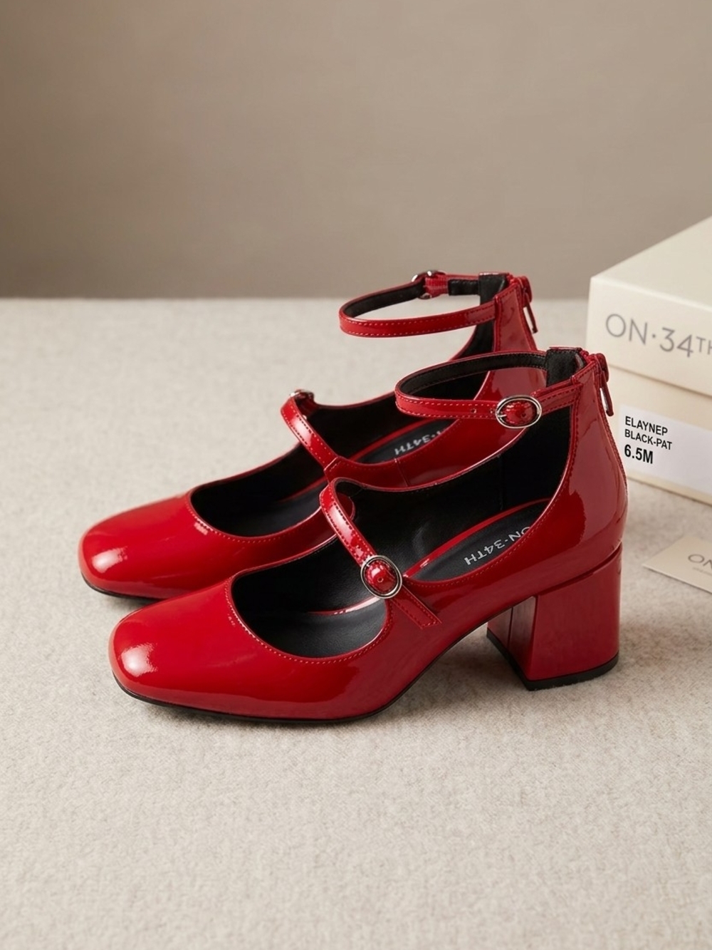 Patent Red Mary Jane Block Heel Pumps with Dual Straps